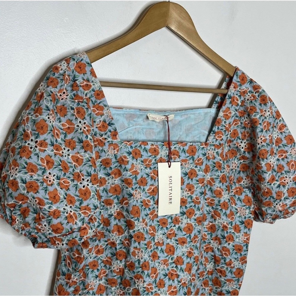 Solitaire Floral Print Embroidered Short Sleeve Top Blue Orange Women’s Size L
